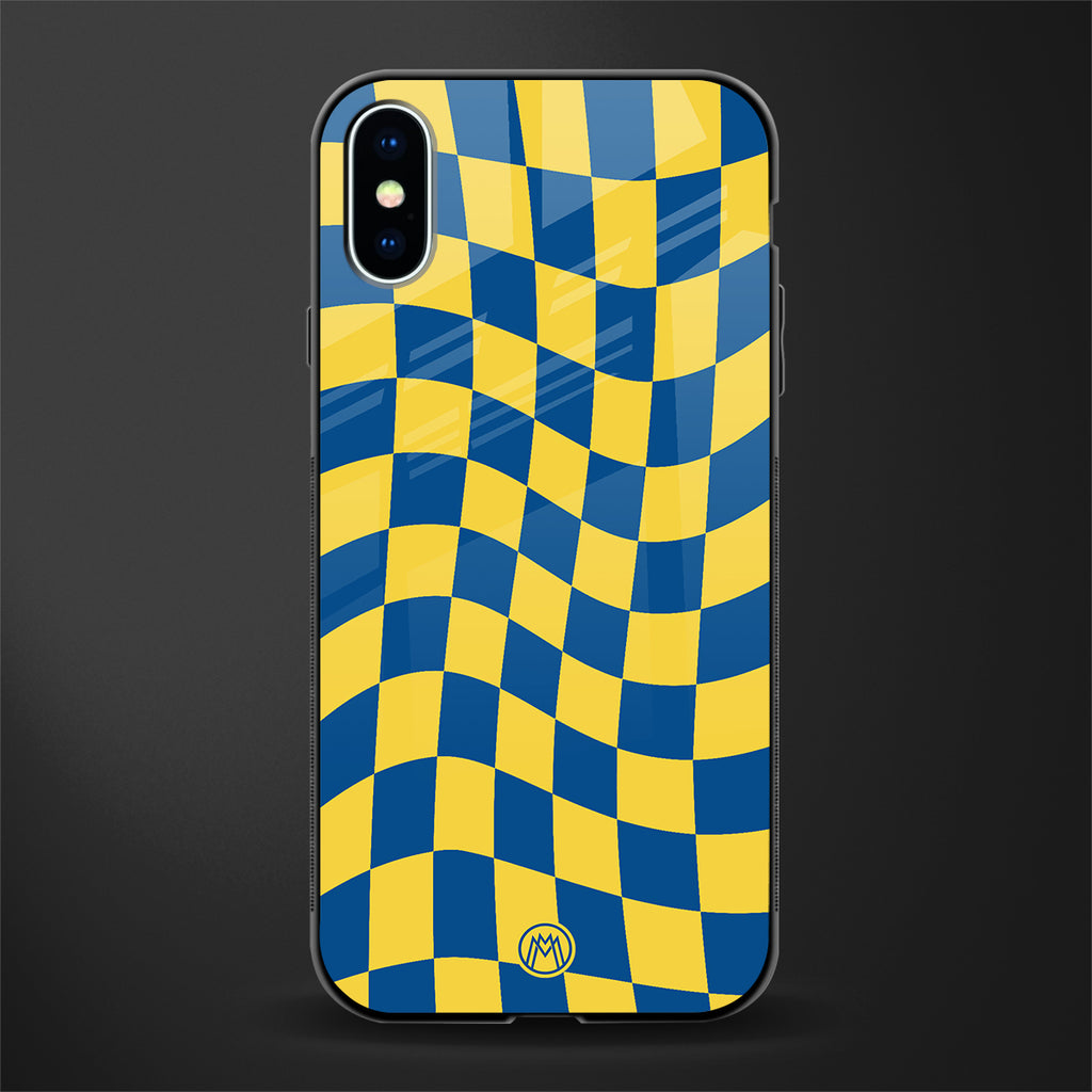yellow blue trippy check pattern glass case for iphone xs image