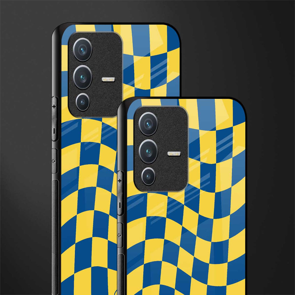 yellow blue trippy check pattern glass case for vivo v23 5g image-2