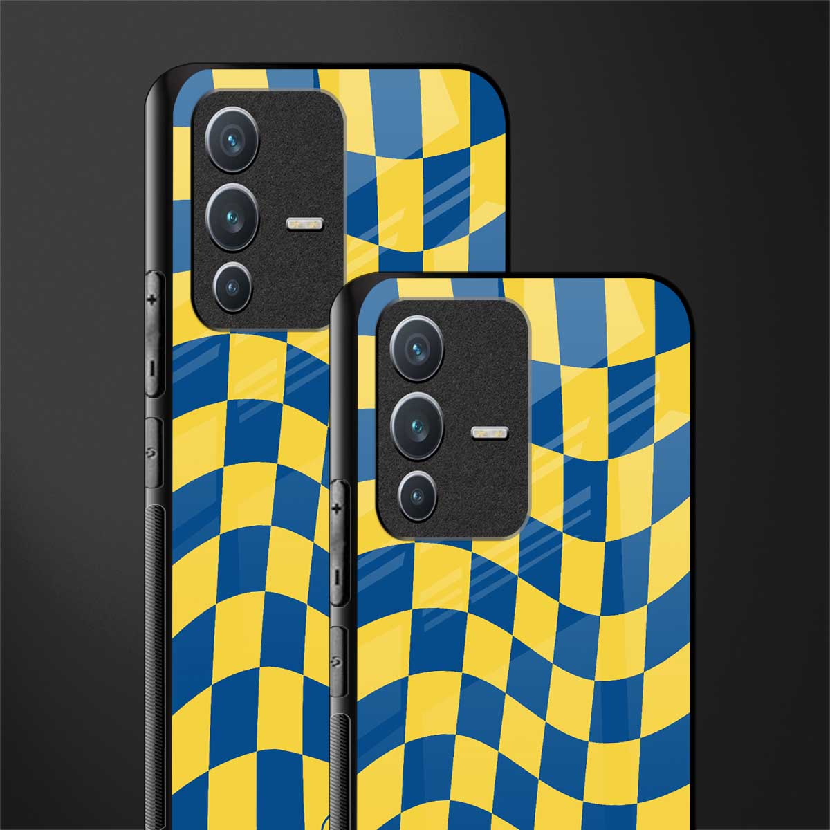 yellow blue trippy check pattern glass case for vivo v23 5g image-2