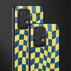 yellow blue trippy check pattern back phone cover | glass case for samsung galaxy a73 5g