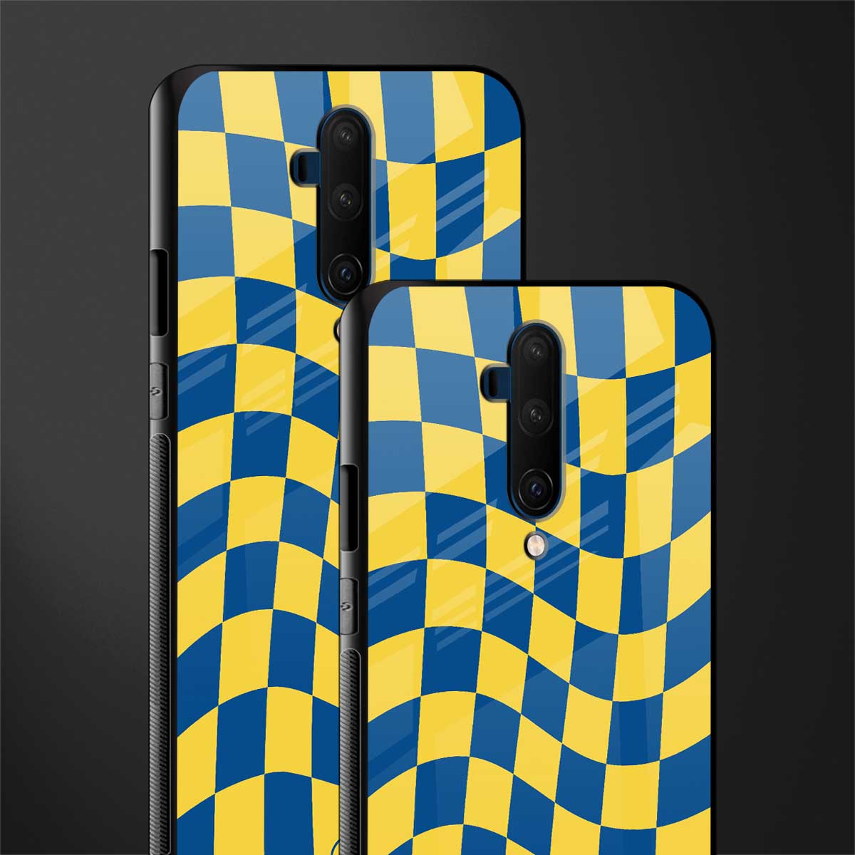 yellow blue trippy check pattern glass case for oneplus 7t pro image-2