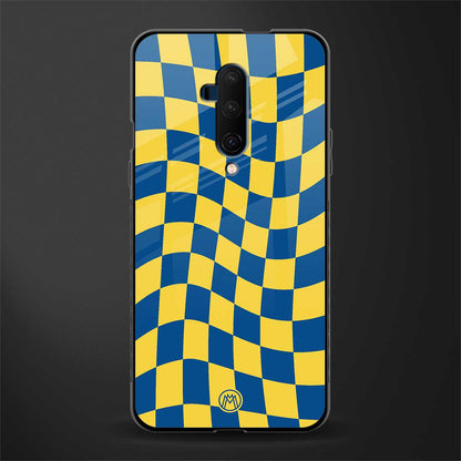 yellow blue trippy check pattern glass case for oneplus 7t pro image