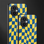 yellow blue trippy check pattern back phone cover | glass case for oppo f21 pro 5g