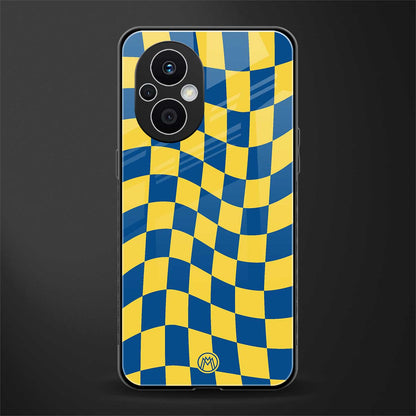 yellow blue trippy check pattern back phone cover | glass case for oppo f21 pro 5g