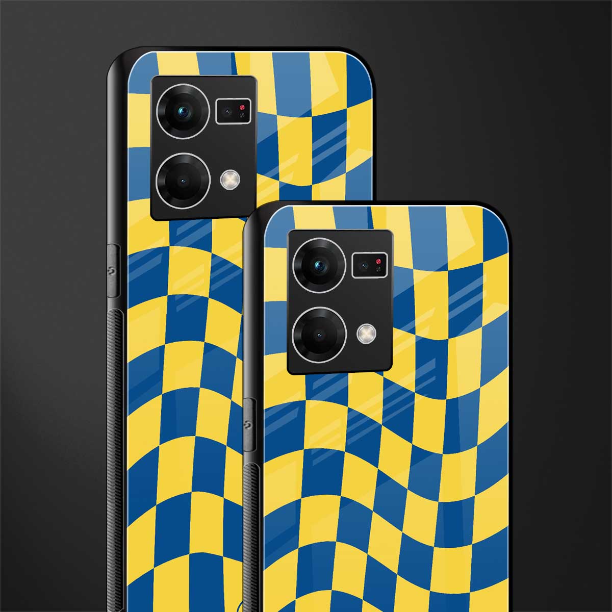 yellow blue trippy check pattern back phone cover | glass case for oppo f21 pro 4g