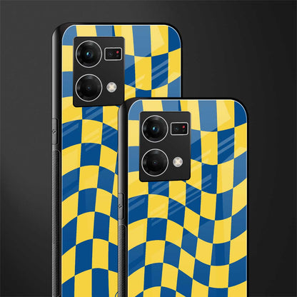 yellow blue trippy check pattern back phone cover | glass case for oppo f21 pro 4g