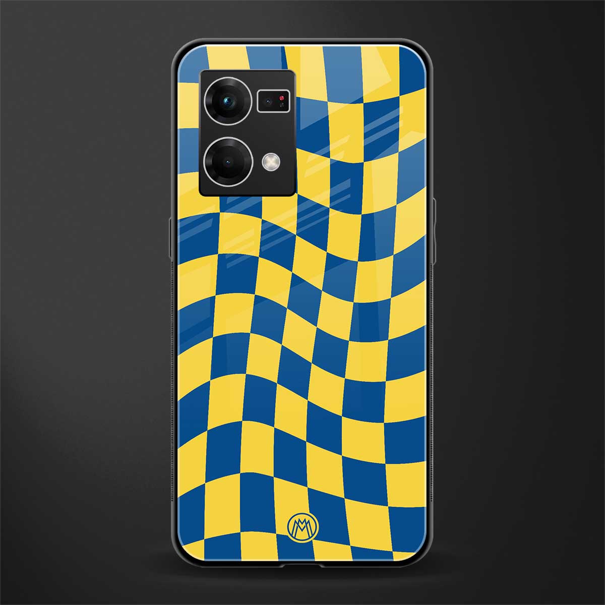 yellow blue trippy check pattern back phone cover | glass case for oppo f21 pro 4g