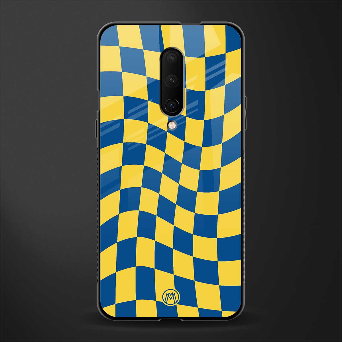 yellow blue trippy check pattern glass case for oneplus 7 pro image