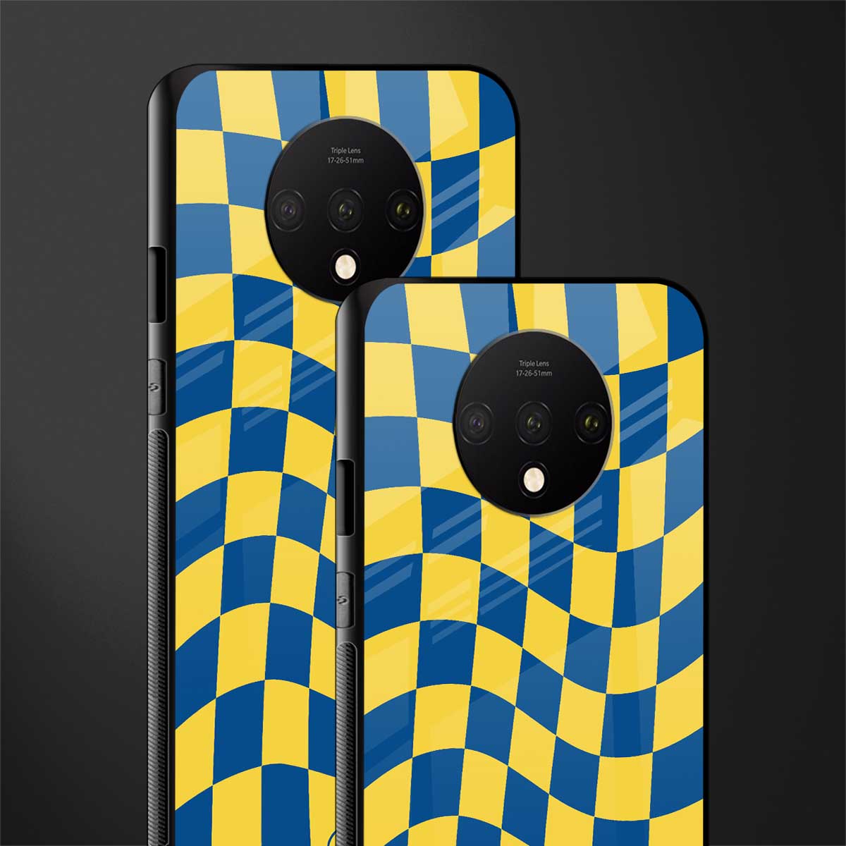 yellow blue trippy check pattern glass case for oneplus 7t image-2