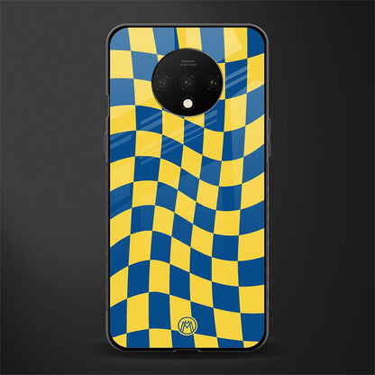 yellow blue trippy check pattern glass case for oneplus 7t image