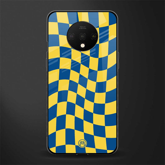 yellow blue trippy check pattern glass case for oneplus 7t image