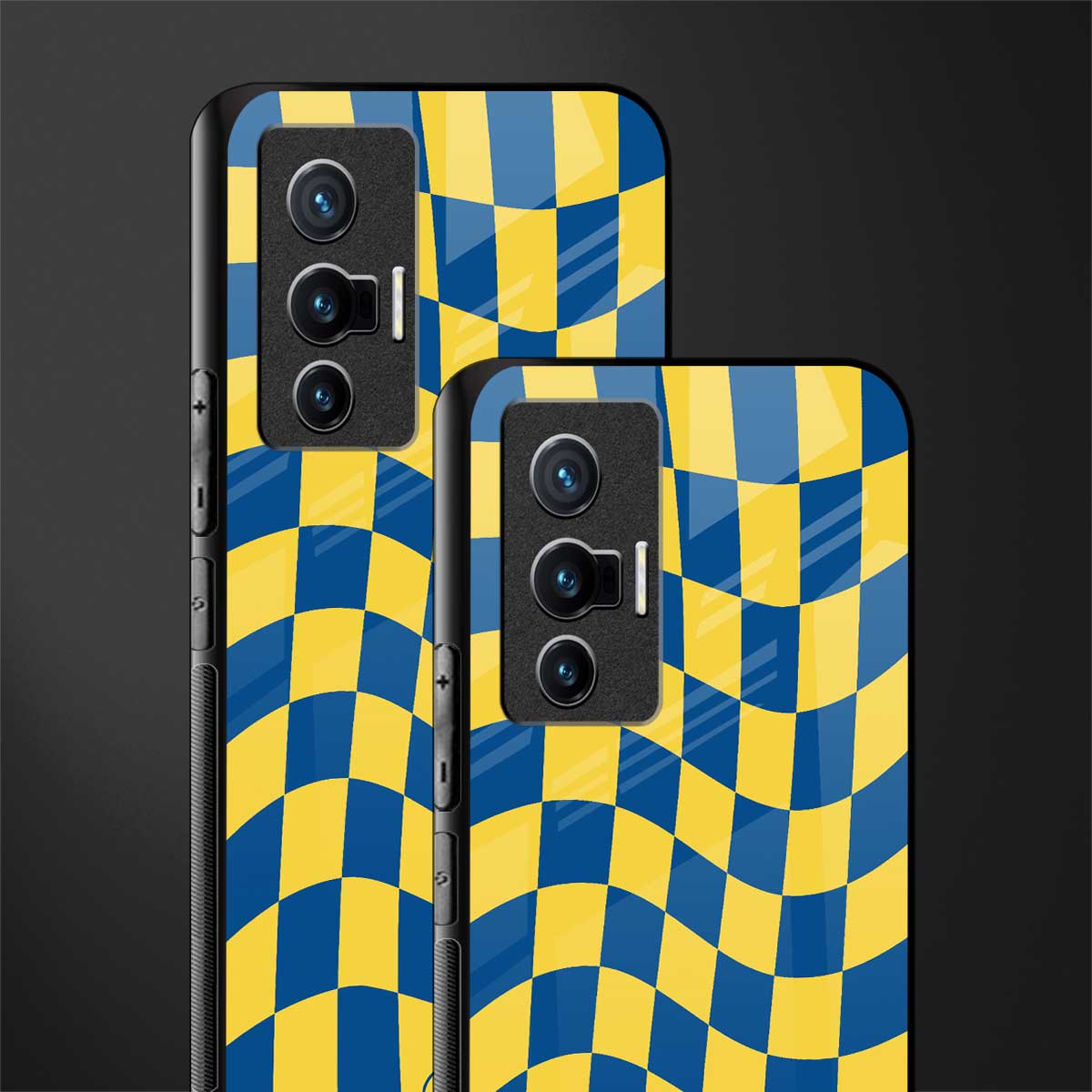 yellow blue trippy check pattern glass case for vivo x70 image-2