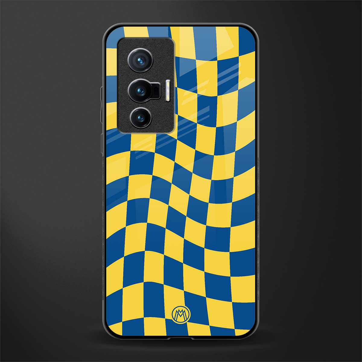 yellow blue trippy check pattern glass case for vivo x70 image