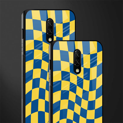 yellow blue trippy check pattern glass case for oneplus 7 image-2
