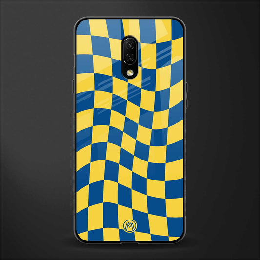 yellow blue trippy check pattern glass case for oneplus 7 image