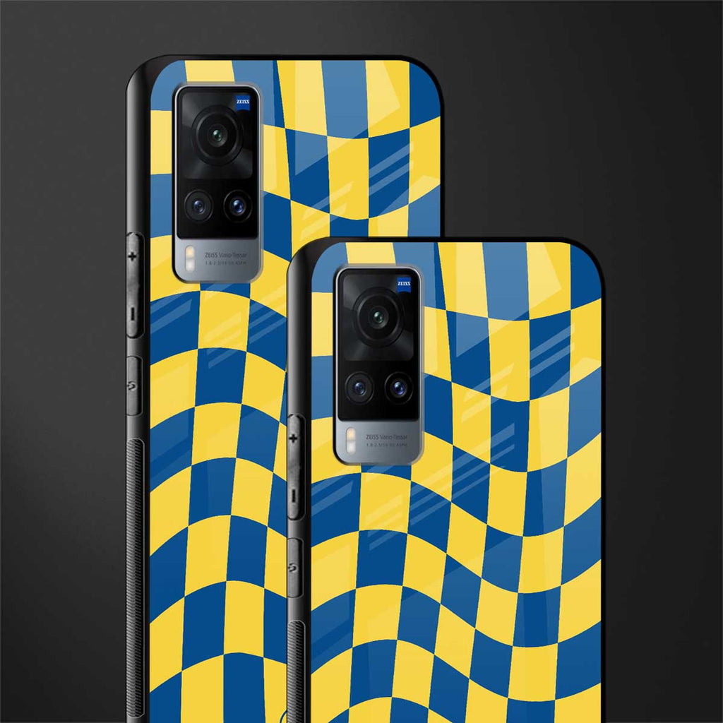 yellow blue trippy check pattern glass case for vivo x60 image-2