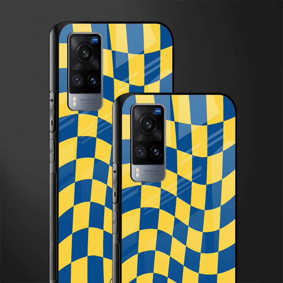 yellow blue trippy check pattern glass case for vivo x60 image-2