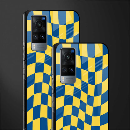 yellow blue trippy check pattern glass case for vivo x60 image-2