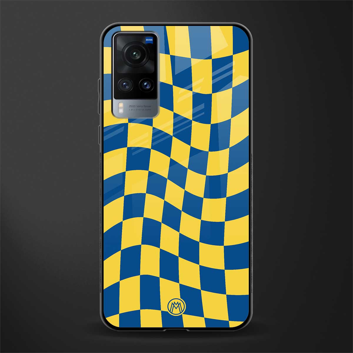 yellow blue trippy check pattern glass case for vivo x60 image