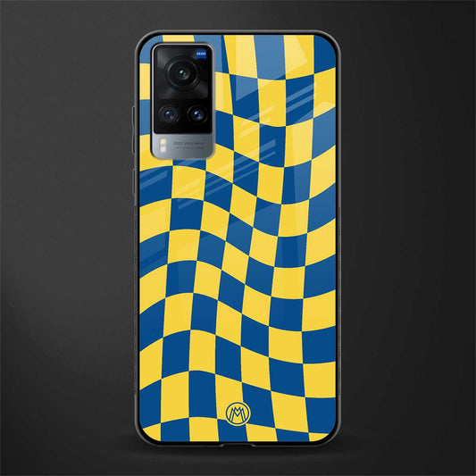 yellow blue trippy check pattern glass case for vivo x60 image