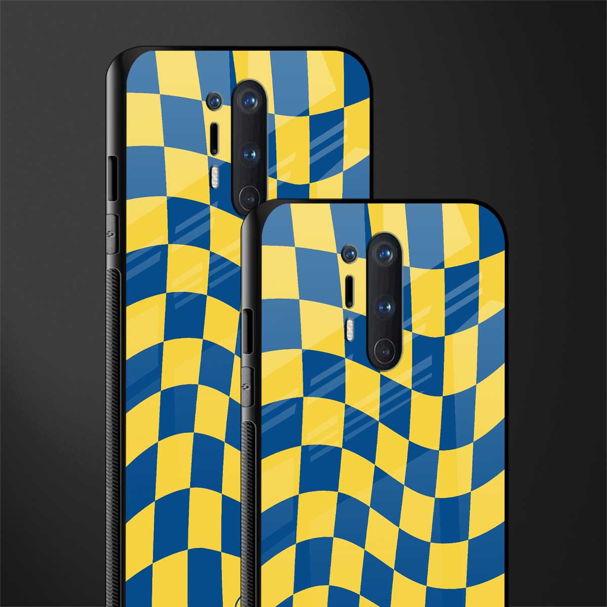 yellow blue trippy check pattern glass case for oneplus 8 pro image-2