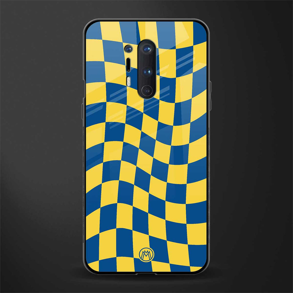 yellow blue trippy check pattern glass case for oneplus 8 pro image