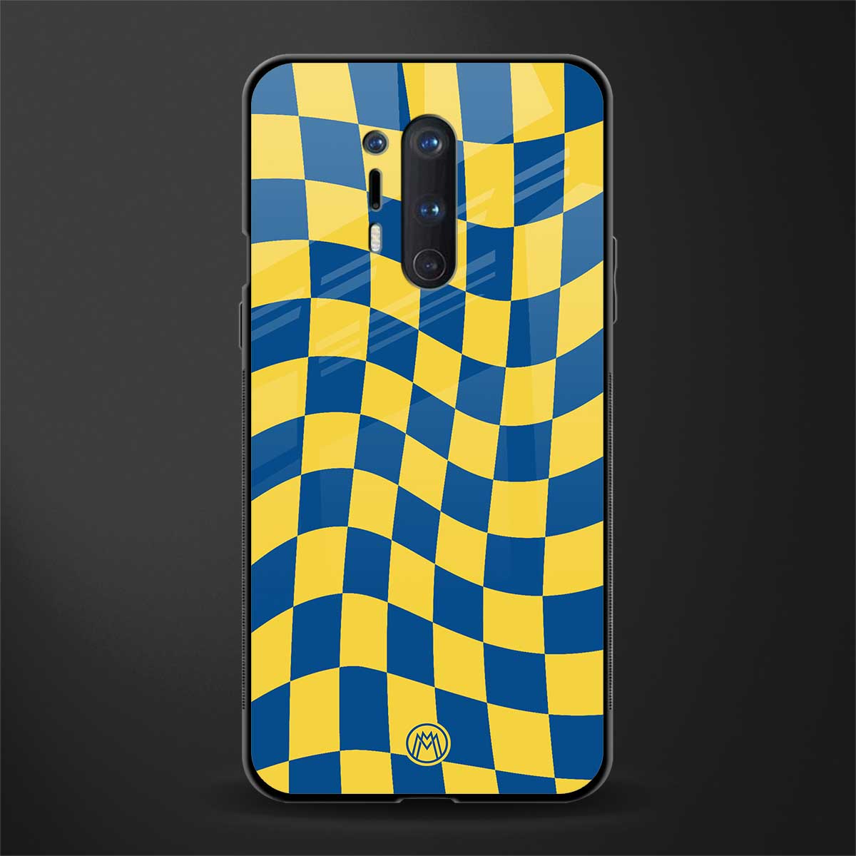 yellow blue trippy check pattern glass case for oneplus 8 pro image