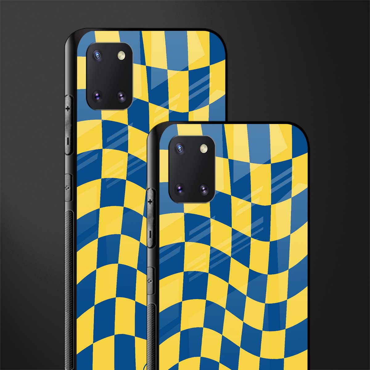 yellow blue trippy check pattern glass case for samsung a81 image-2