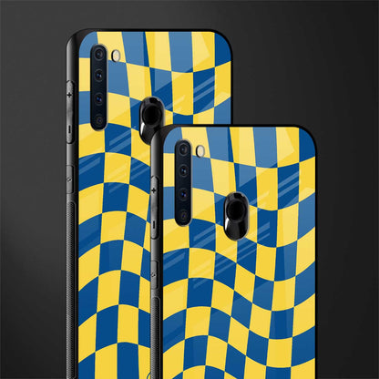 yellow blue trippy check pattern glass case for samsung a21 image-2
