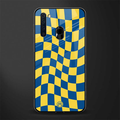 yellow blue trippy check pattern glass case for samsung a21 image