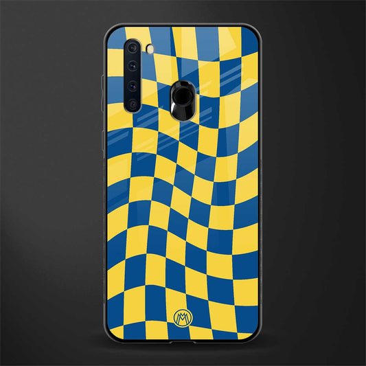 yellow blue trippy check pattern glass case for samsung a21 image
