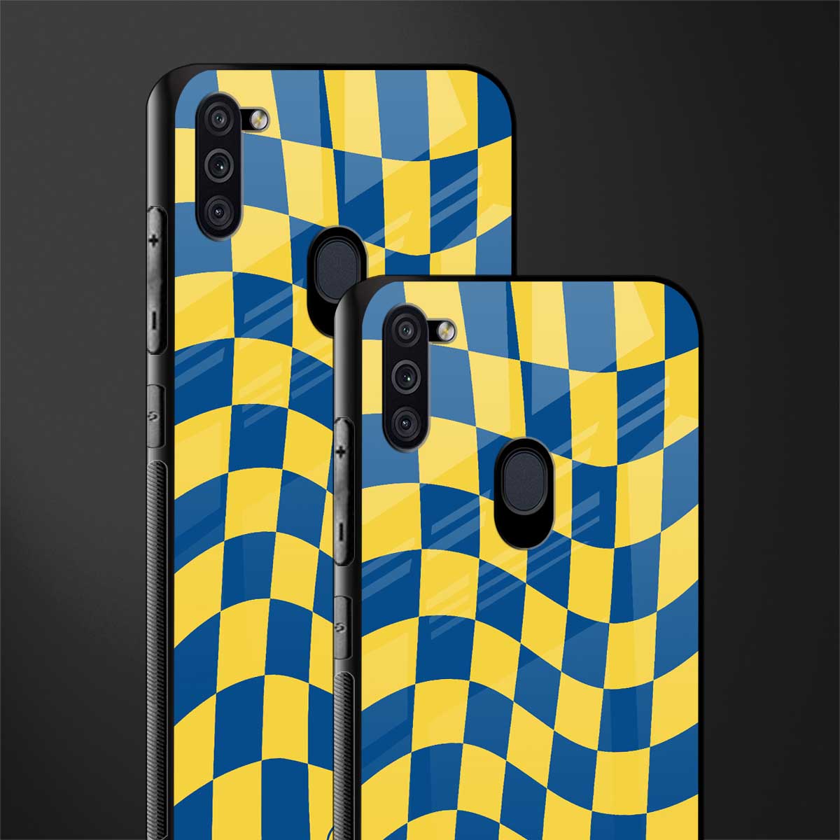 yellow blue trippy check pattern glass case for samsung galaxy m11 image-2