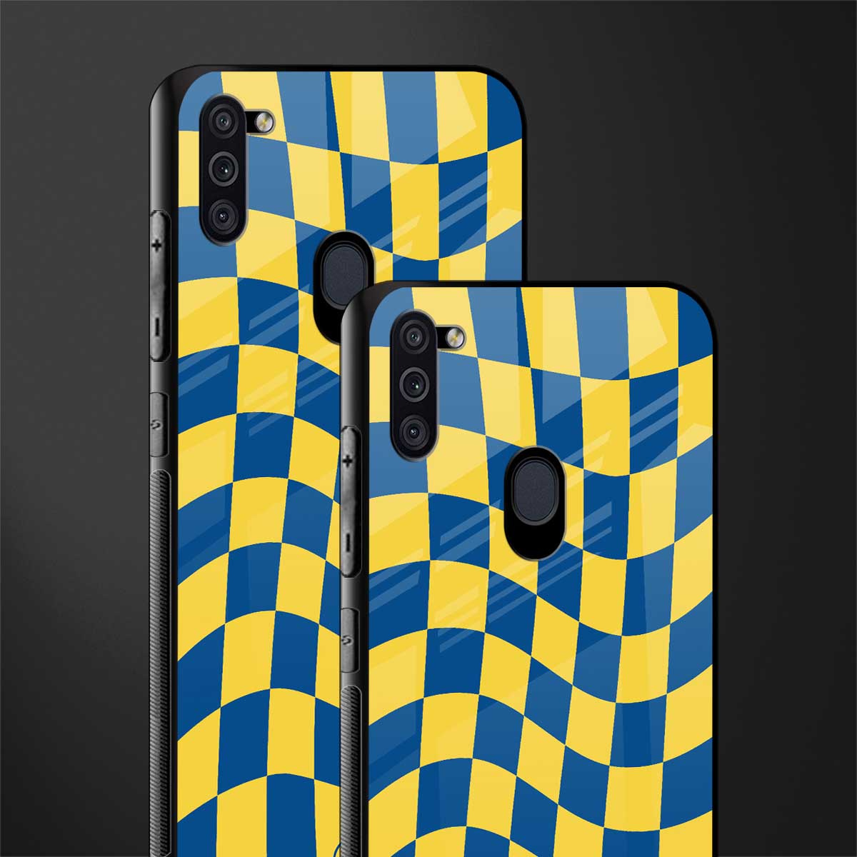 yellow blue trippy check pattern glass case for samsung a11 image-2