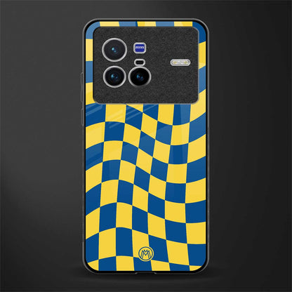 yellow blue trippy check pattern glass case for vivo x80 image