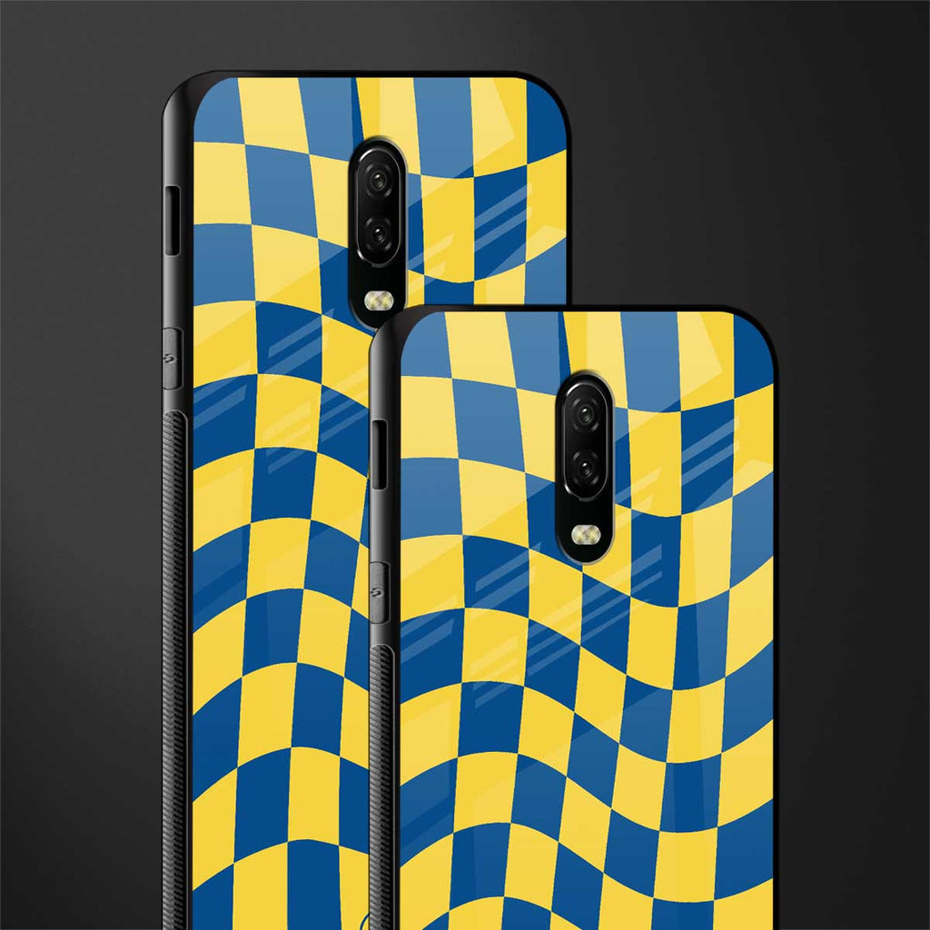 yellow blue trippy check pattern glass case for oneplus 6t image-2