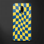 yellow blue trippy check pattern glass case for oneplus 6t image