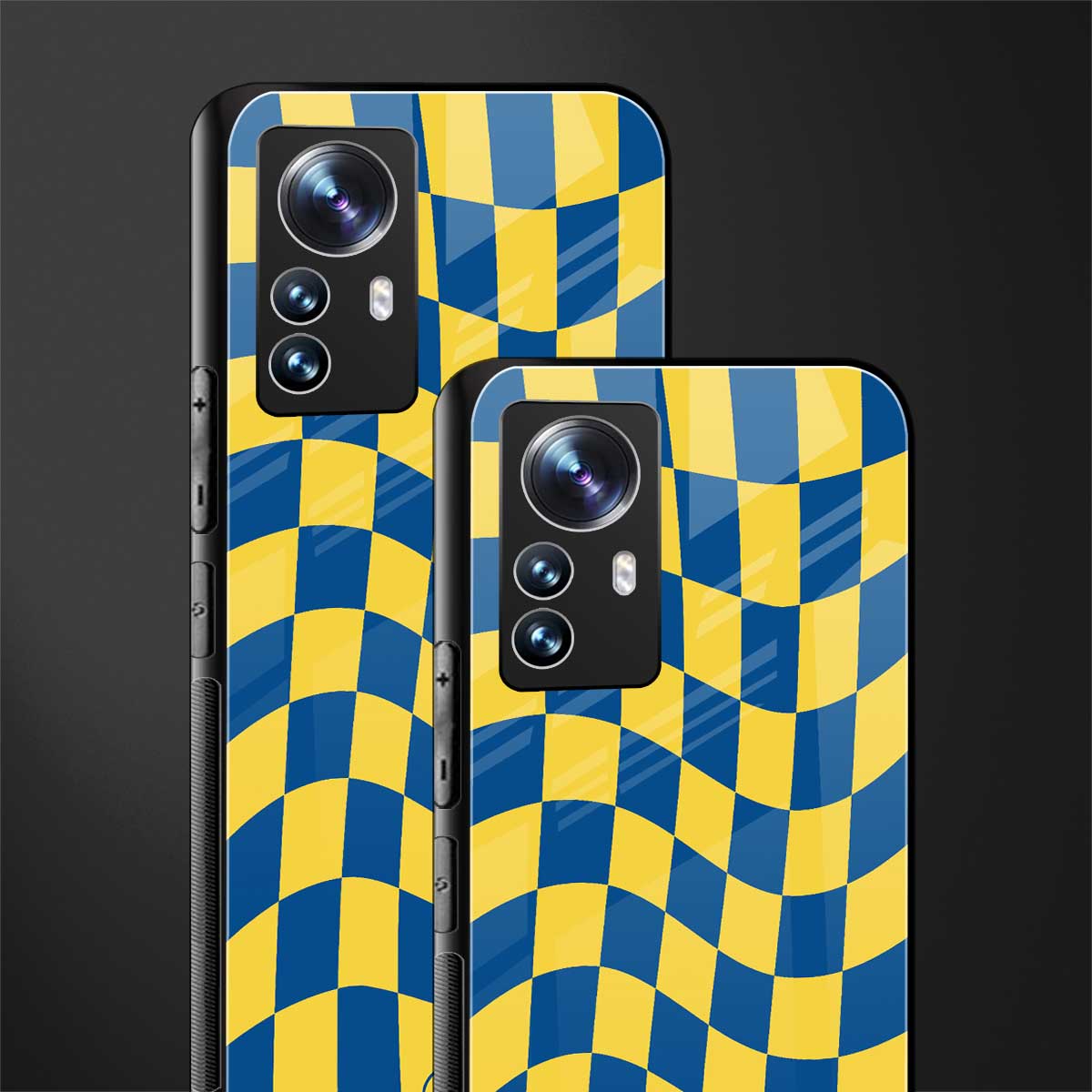 yellow blue trippy check pattern back phone cover | glass case for xiaomi 12 pro