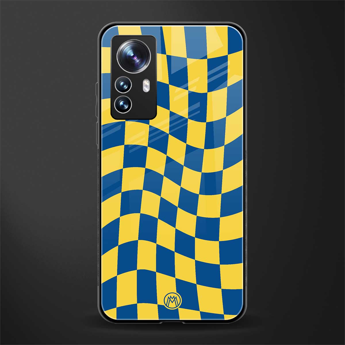 yellow blue trippy check pattern back phone cover | glass case for xiaomi 12 pro