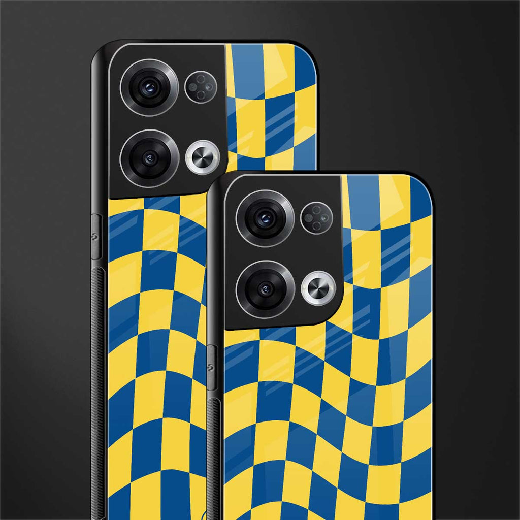 yellow blue trippy check pattern back phone cover | glass case for oppo reno 8