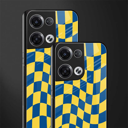 yellow blue trippy check pattern back phone cover | glass case for oppo reno 8