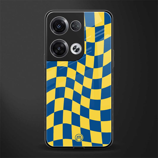 yellow blue trippy check pattern back phone cover | glass case for oppo reno 8