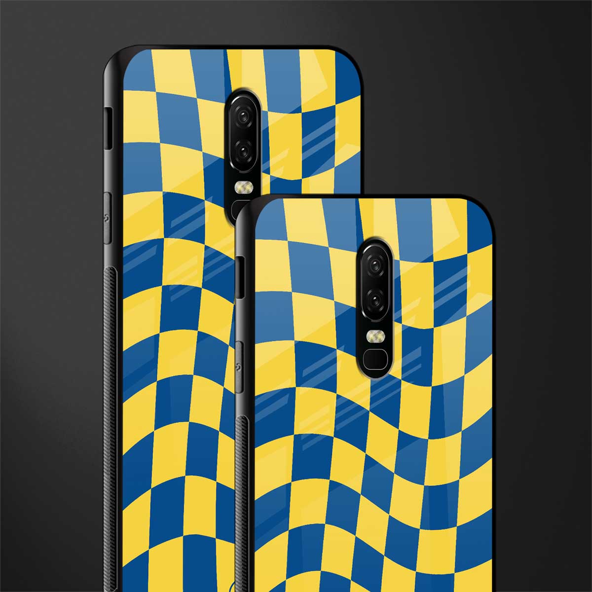 yellow blue trippy check pattern glass case for oneplus 6 image-2