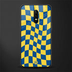 yellow blue trippy check pattern glass case for oneplus 6 image