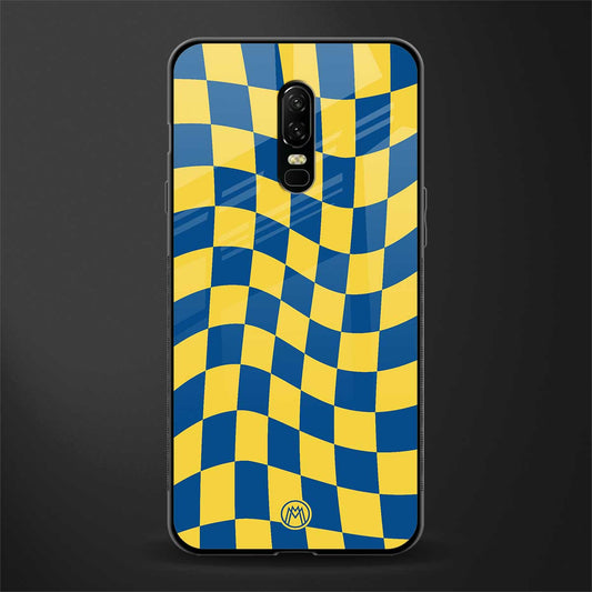 yellow blue trippy check pattern glass case for oneplus 6 image