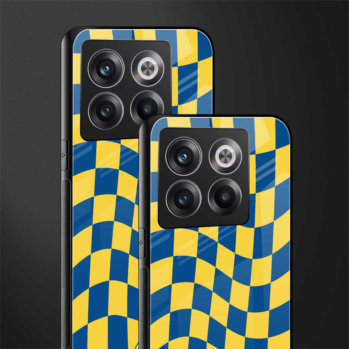 yellow blue trippy check pattern back phone cover | glass case for oneplus 10t