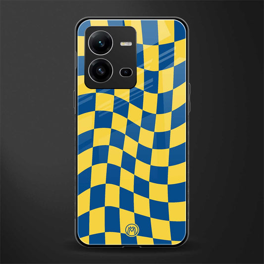 yellow blue trippy check pattern back phone cover | glass case for vivo v25-5g