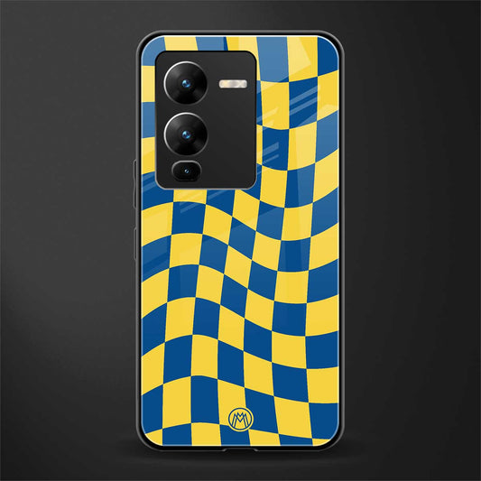yellow blue trippy check pattern back phone cover | glass case for vivo v25 pro 5g