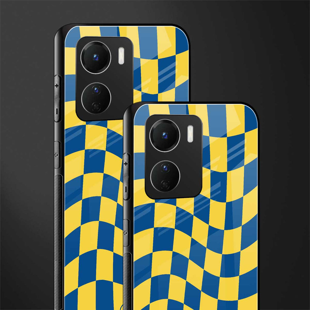 yellow blue trippy check pattern back phone cover | glass case for vivo y16