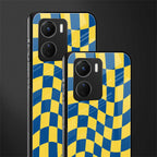 yellow blue trippy check pattern back phone cover | glass case for vivo y16