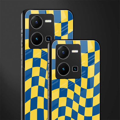 yellow blue trippy check pattern back phone cover | glass case for vivo y35 4g